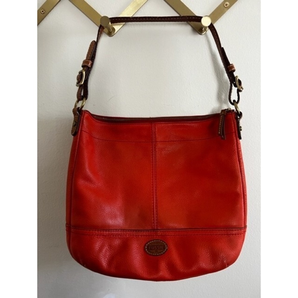 Fossil Explorer Orange Pebbled Leather Hobo Shoulder Bag Leather Shoulder Strap
